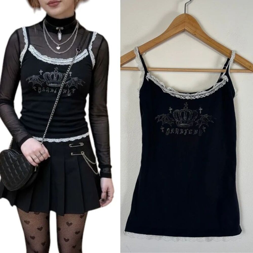 VTG 90s Sketchy Black Cami Top Tank Gothic Vampire Crown Wings Lace Trim